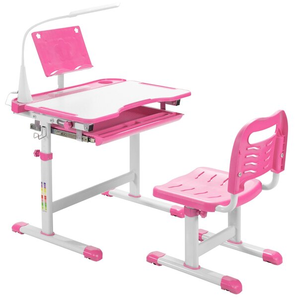 Costway Set scrivania e sedia per bambini con altezza regolabile, Scrivania e sedia con leggio per libri e luce LED Rosa