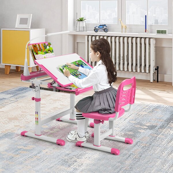 Costway Set scrivania e sedia per bambini con altezza regolabile, Scrivania e sedia con leggio per libri e luce LED Rosa