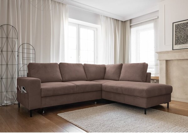 Divano letto angolare in velluto a coste marrone (angolo destro) Lofty Lilly - Miuform