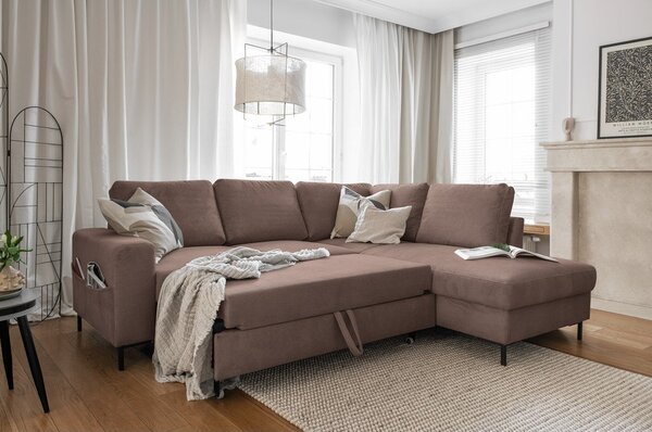 Divano letto angolare in velluto a coste marrone (angolo destro) Lofty Lilly - Miuform