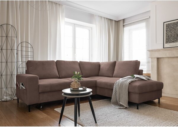 Divano letto angolare in velluto a coste marrone (angolo destro) Lofty Lilly - Miuform