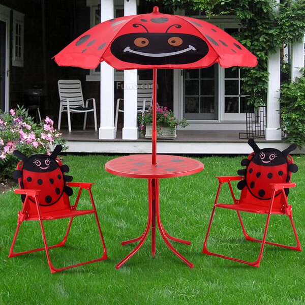 Costway Set tavolo 2 sedie con ombrellone per bambini da giardino, Set mobili pieghevoli con struttura in metallo Rosso