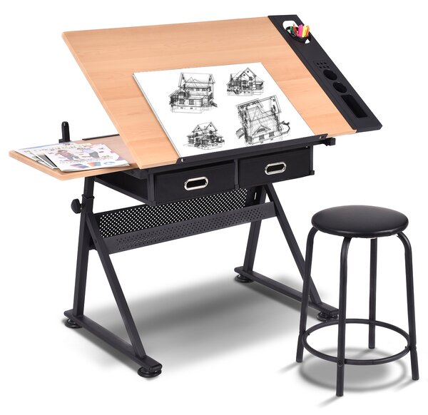 Costway Scrivania inclinabile e impermeabile con cassetti in MDF, Tavolo da disegno con sgabello Nero