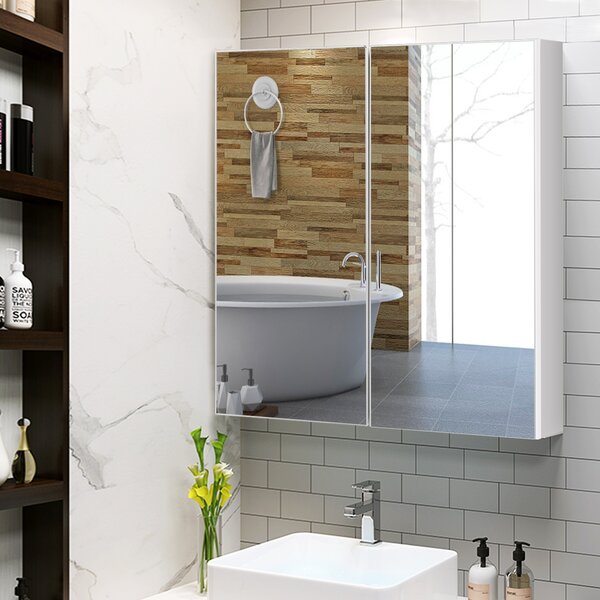 Costway Armadietto da bagno a 2 ripiani con specchio, Armadietto da parete 62x11x65cm Bianco