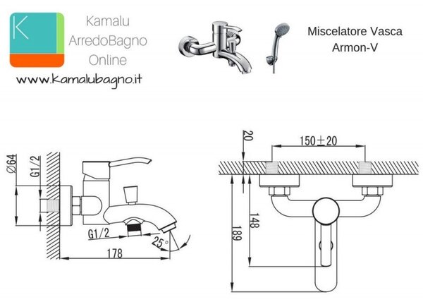 Rubinetto per vasca in ottone cromato modello Armon-V - KAMALU