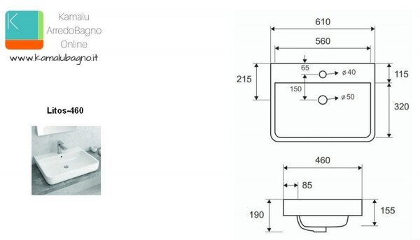 Lavabo bagno da appoggio semincasso 61cm modello Litos-460 - KAMALU