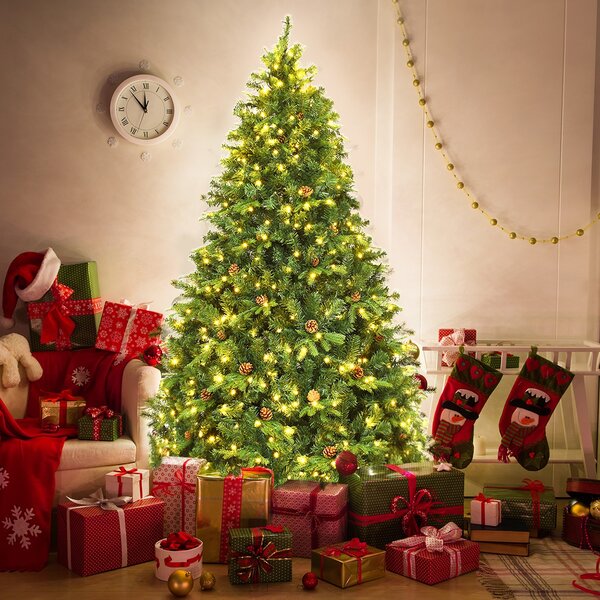 Costway Albero di natale artificiale 210cm con 460 LED, 61 pigne, 925 rami e un supporto in metallo