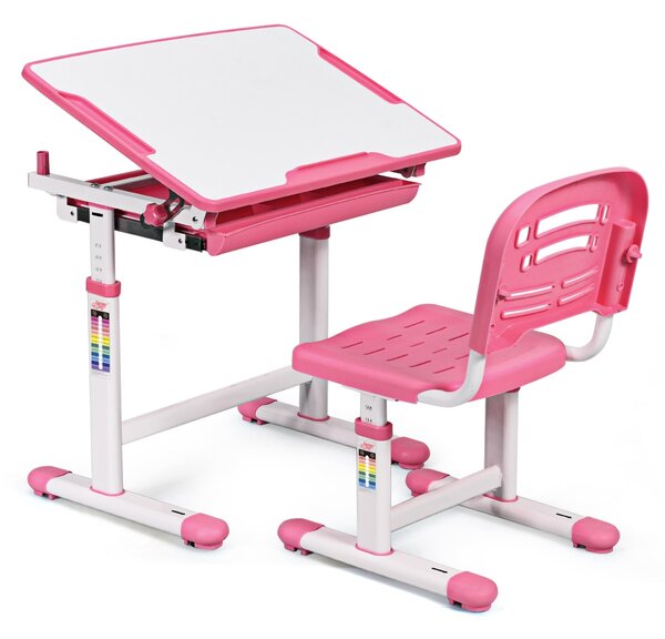 Costway Scrivania per bambini regolabile in altezza Set tavolo e sedie bimbi da disegno inclinabile Rosa