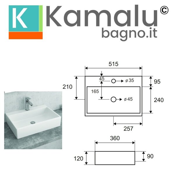 Lavandino da appoggio rettangolare 50 cm Litos-250 - KAMALU