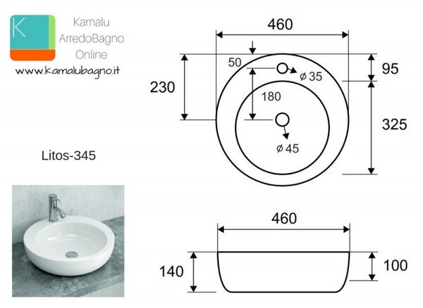 Lavandino da appoggio tondo 46cm modello Litos-345 - KAMALU