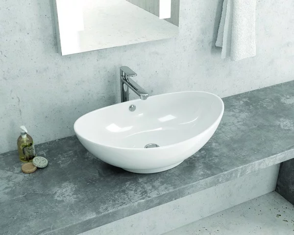Lavabo da appoggio design a bacinella in ceramica bianca 59cm | Litos-359B - KAMALU