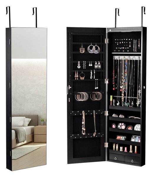 Costway Armadio portagioie con specchio in legno a parete con LED interno 33,5x10x120cm Nero