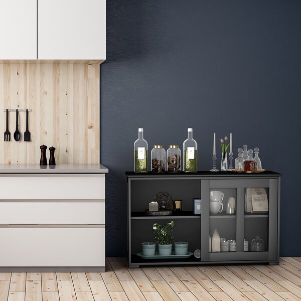Costway Armadietto da cucina in MDF Mobile laterale multiuso con ante scorrevoli 106,5x33x62,5cm Nero