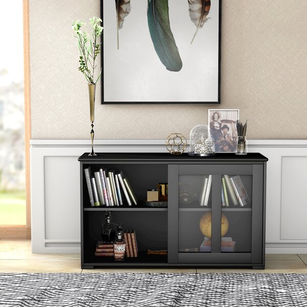 Costway Armadietto da cucina in MDF Mobile laterale multiuso con ante scorrevoli 106,5x33x62,5cm Nero