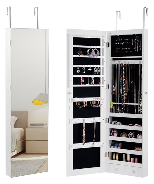 Costway Armadio portagioie con specchio in legno a parete con LED interno 33,5x10x120cm Bianco