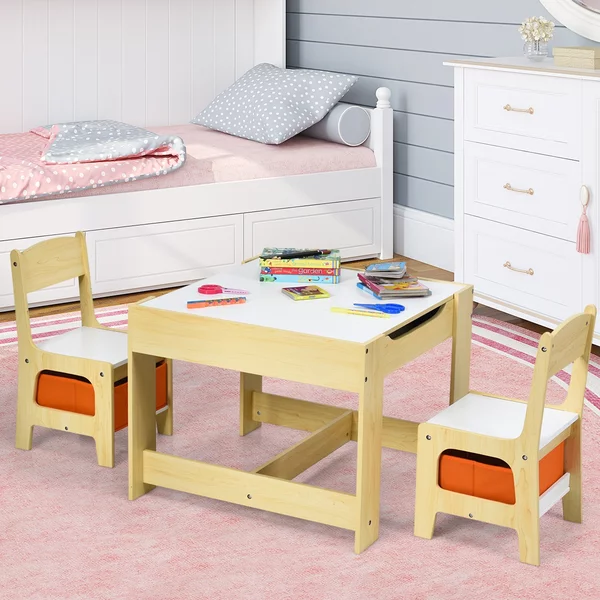 Costway Set tavolo con 2 sedie per bambini in legno, Set di 3 pezzi mobili per bimbi 62x62x48cm Arancione