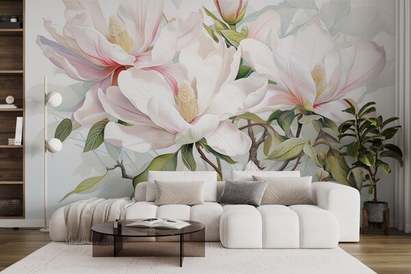 Carta da parati Fiori di magnolia con petali bianchi e rosa, foglie e rami marroni, stile acquerello, Carta da parati Floreale, w08885 : Uwalls.it