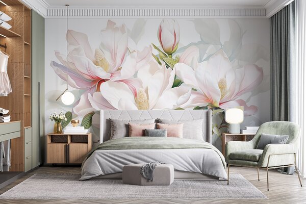 Carta da parati Fiori di magnolia con petali bianchi e rosa, foglie e rami marroni, stile acquerello, Carta da parati Floreale, w08885 : Uwalls.it