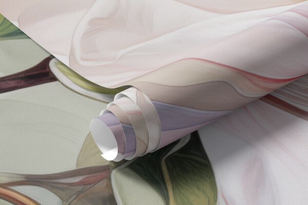 Carta da parati Fiori di magnolia con petali bianchi e rosa, foglie e rami marroni, stile acquerello, Carta da parati Floreale, w08885 : Uwalls.it