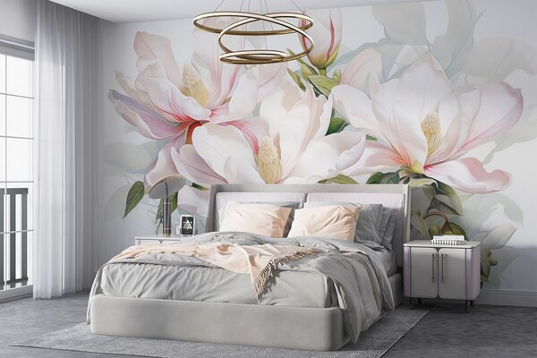 Carta da parati Fiori di magnolia con petali bianchi e rosa, foglie e rami marroni, stile acquerello, Carta da parati Floreale, w08885 : Uwalls.it