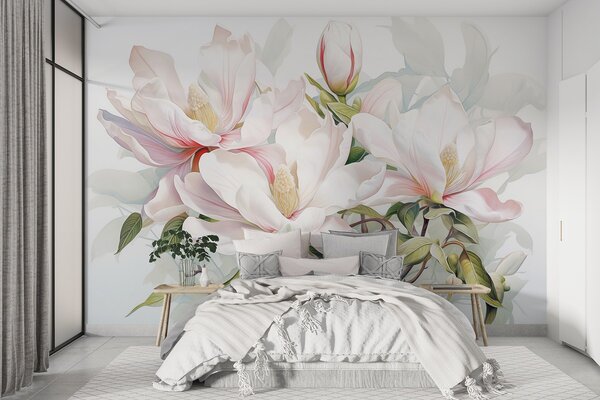 Carta da parati Fiori di magnolia con petali bianchi e rosa, foglie e rami marroni, stile acquerello, Carta da parati Floreale, w08885 : Uwalls.it