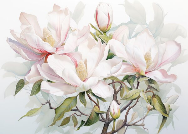 Carta da parati Fiori di magnolia con petali bianchi e rosa, foglie e rami marroni, stile acquerello, Carta da parati Floreale, w08885 : Uwalls.it