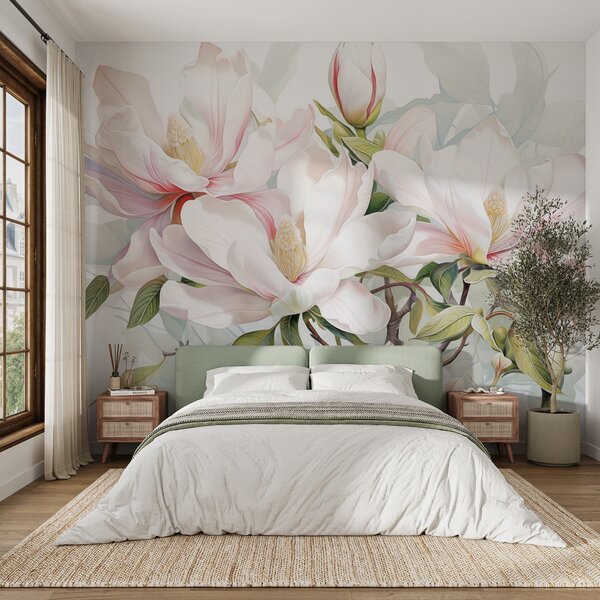 Carta da parati Fiori di magnolia con petali bianchi e rosa, foglie e rami marroni, stile acquerello, Carta da parati Floreale, w08885 : Uwalls.it