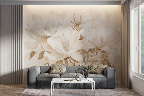 Carta da parati Fiori di magnolia con petali bianchi e beige, foglie e rami marroni, stile acquerello, Carta da parati Floreale, w08886 : Uwalls.it
