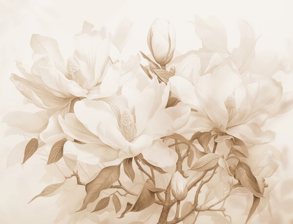 Carta da parati Fiori di magnolia con petali bianchi e beige, foglie e rami marroni, stile acquerello, Carta da parati Floreale, w08886 : Uwalls.it