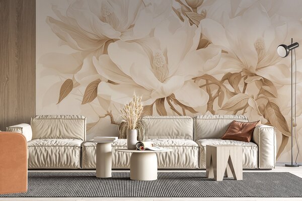 Carta da parati Fiori di magnolia con petali bianchi e beige, foglie e rami marroni, stile acquerello, Carta da parati Floreale, w08886 : Uwalls.it