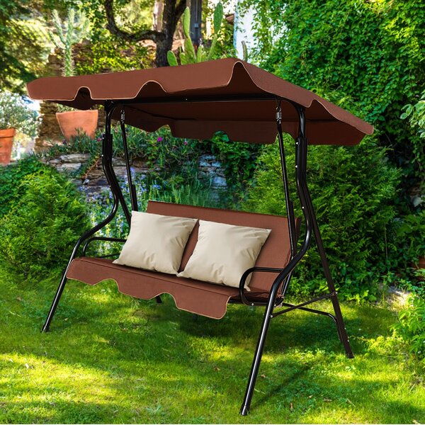 Costway Dondolo a tre posti da giardino con oscurante e telaio in acciaio 172x154x110cm Caffè