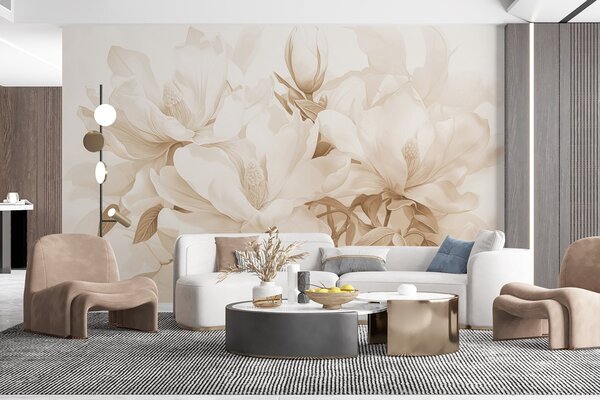 Carta da parati Fiori di magnolia con petali bianchi e beige, foglie e rami marroni, stile acquerello, Carta da parati Floreale, w08886 : Uwalls.it