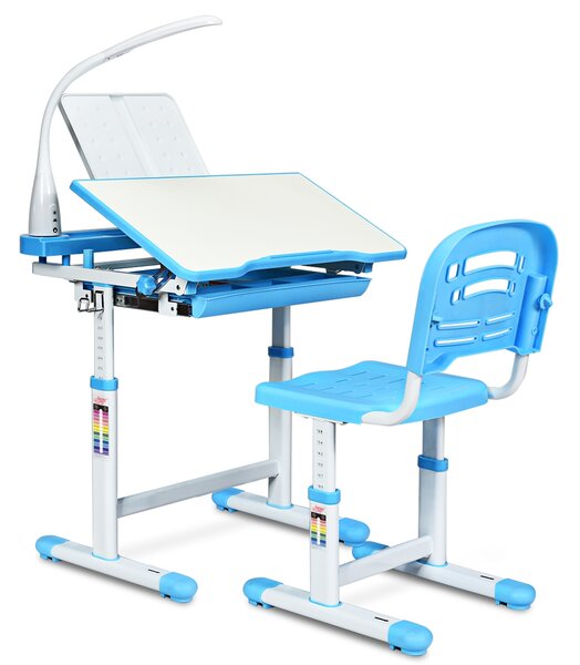 Costway Scrivania per bambini altezza regolabile 54-76cm Set tavolo e sedie bimbi inclinabile con lampada, Blu