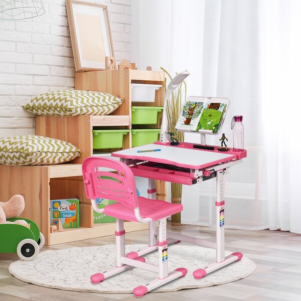 Costway Scrivania per bambini altezza regolabile 54-76cm Set tavolo e sedie bimbi inclinabile con lampada, Rosa