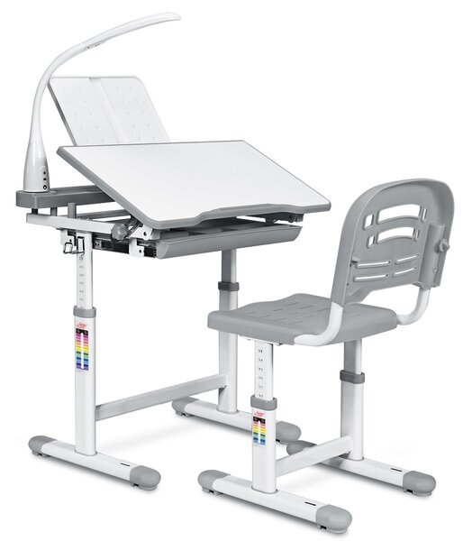 Costway Scrivania per bambini altezza regolabile 54-76cm Set tavolo e sedie bimbi inclinabile con lampada, Grigio
