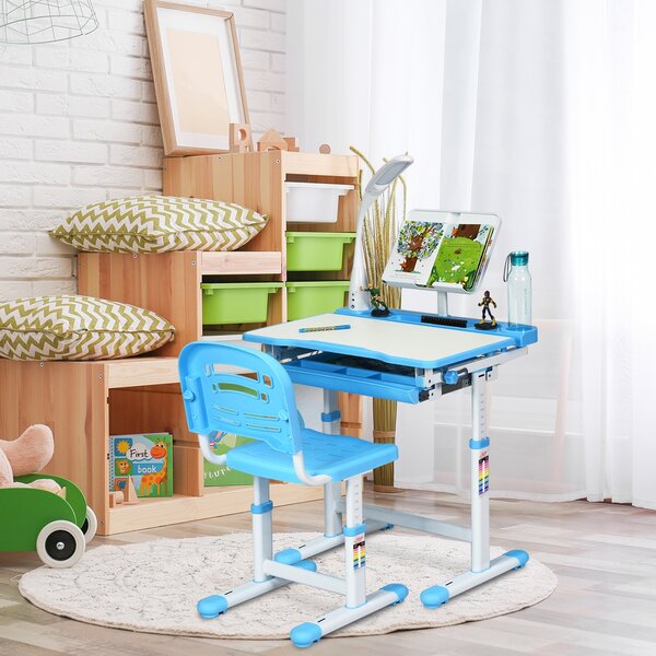Costway Scrivania per bambini altezza regolabile 54-76cm Set tavolo e sedie bimbi inclinabile con lampada, Blu