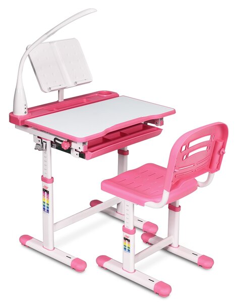 Costway Scrivania per bambini altezza regolabile 54-76cm Set tavolo e sedie bimbi inclinabile con lampada, Rosa