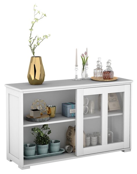 Costway Armadietto da cucina in MDF Mobile laterale multiuso con ante scorrevoli 106,5x33x62,5cm, Beige