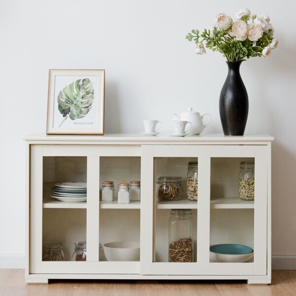 Costway Armadietto da cucina in MDF Mobile laterale multiuso con ante scorrevoli 106,5x33x62,5cm, Beige