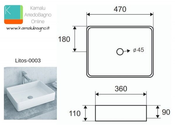 Kamalu lavabo bagno appoggio 47cm design moderno ceramica modello litos-0003