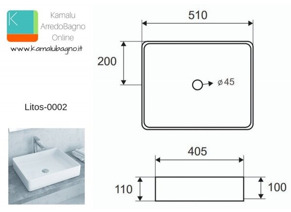 Kamalu lavabo appoggio 51cm design moderno ceramica slim litos-0002