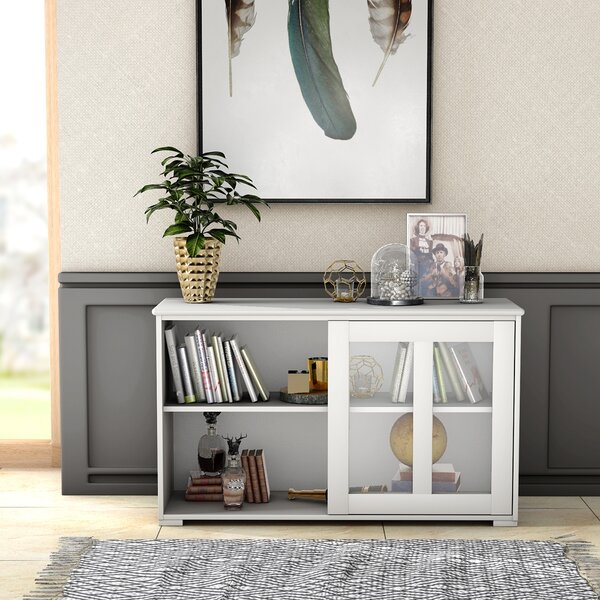 Costway Armadietto da cucina in MDF Mobile laterale multiuso con ante scorrevoli 106,5x33x62,5cm, Beige