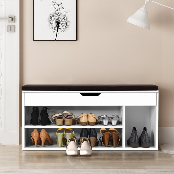 Costway Scarpiera in legno con cuscino morbido e cassetto due ripiani 104x30x48cm Bianco