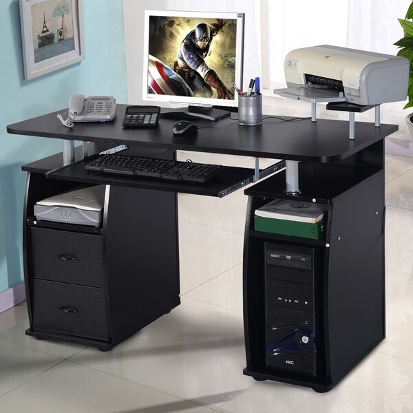 Costway Scrivania per computer da ufficio con cassetti Tavolo porta pc in legno con supporto per tastiera 120x55x85cm Nero