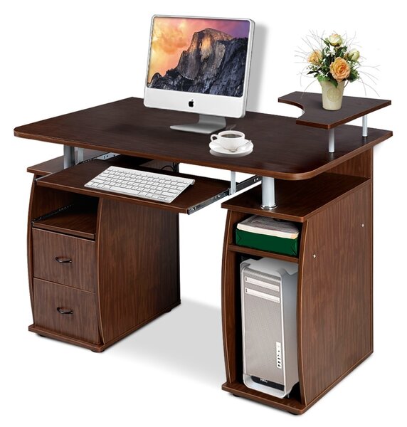 Costway Scrivania per computer da ufficio con cassetti Tavolo porta pc in legno con supporto per tastiera 120x55x85cm Noce