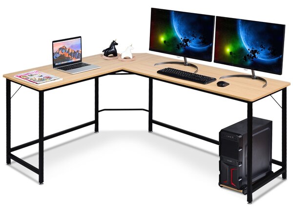 Costway Scrivania ad angolo a forma L per ufficio, Tavolo ampio per computer in legno da casa 168x125x74cm Legno naturale