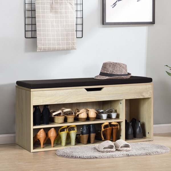 Costway Scarpiera in legno con cuscino morbido e cassetto due ripiani 104x30x48cm Legno Naturale
