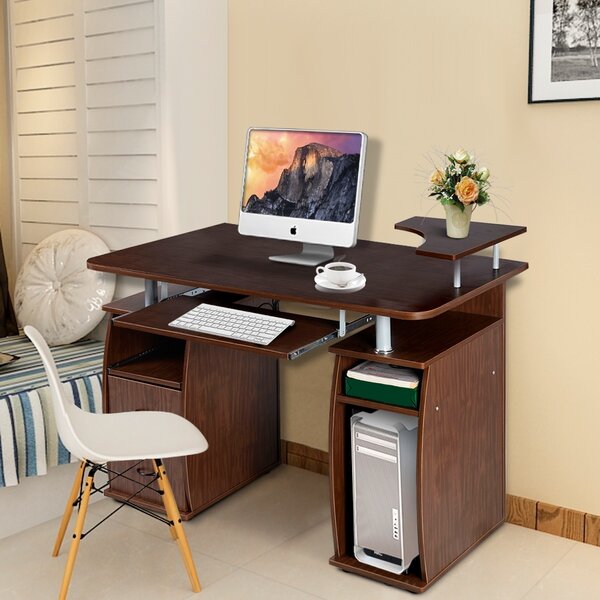 Costway Scrivania per computer da ufficio con cassetti Tavolo porta pc in legno con supporto per tastiera 120x55x85cm Noce