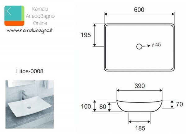 Lavabo appoggio rettangolare 60cm Ceramica Litos-0008 - KAMALU