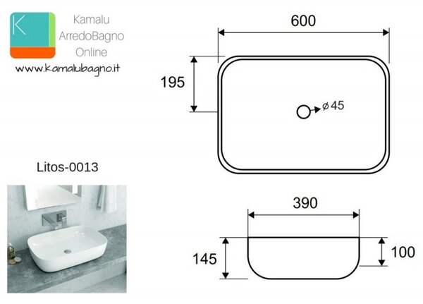 Lavabo da appoggio 60cm linee arrotondate Litos-0013 - KAMALU